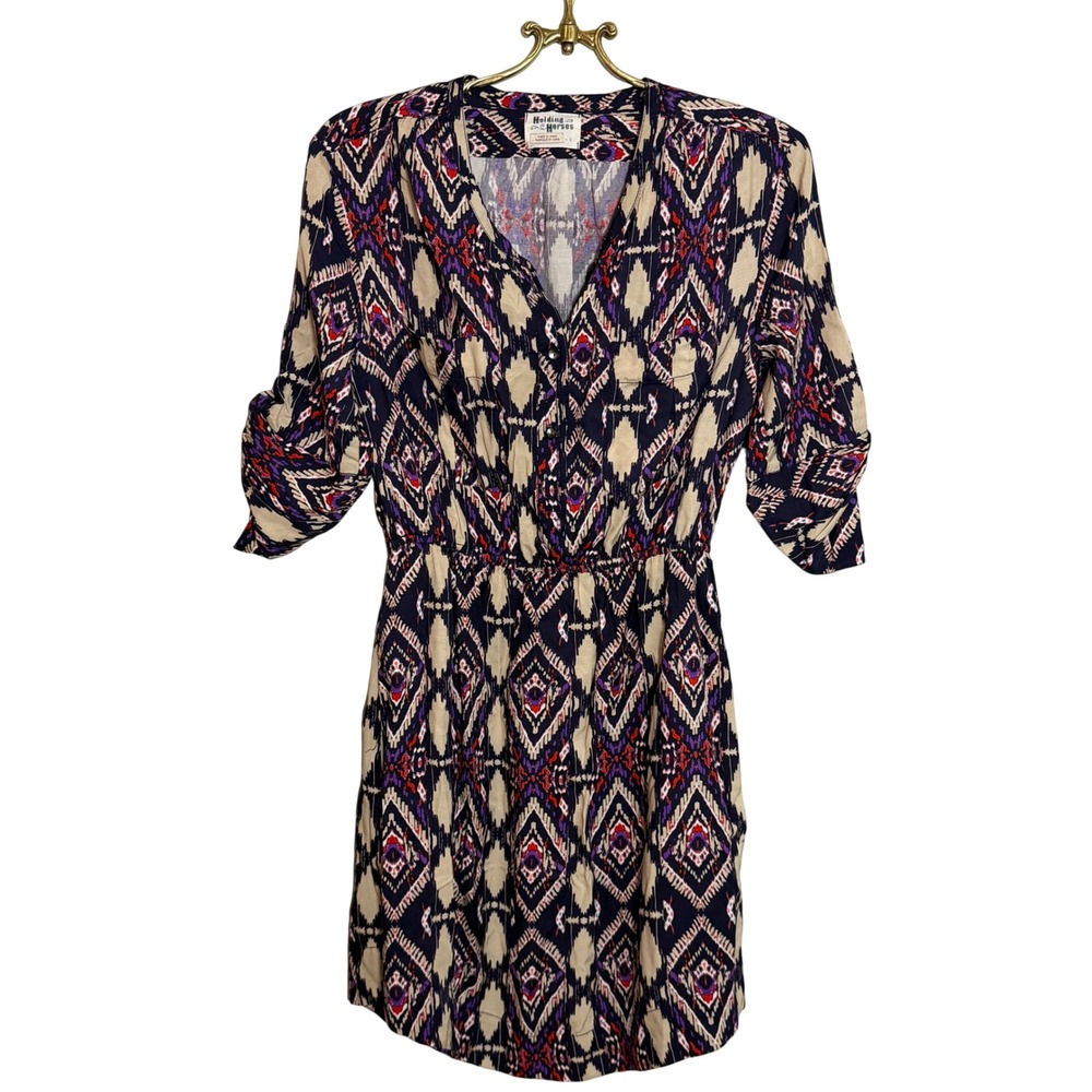 Holding Horses Ikat Diamond Print Boho V Neck Elastic Waist Rayon Dress Size 2‎